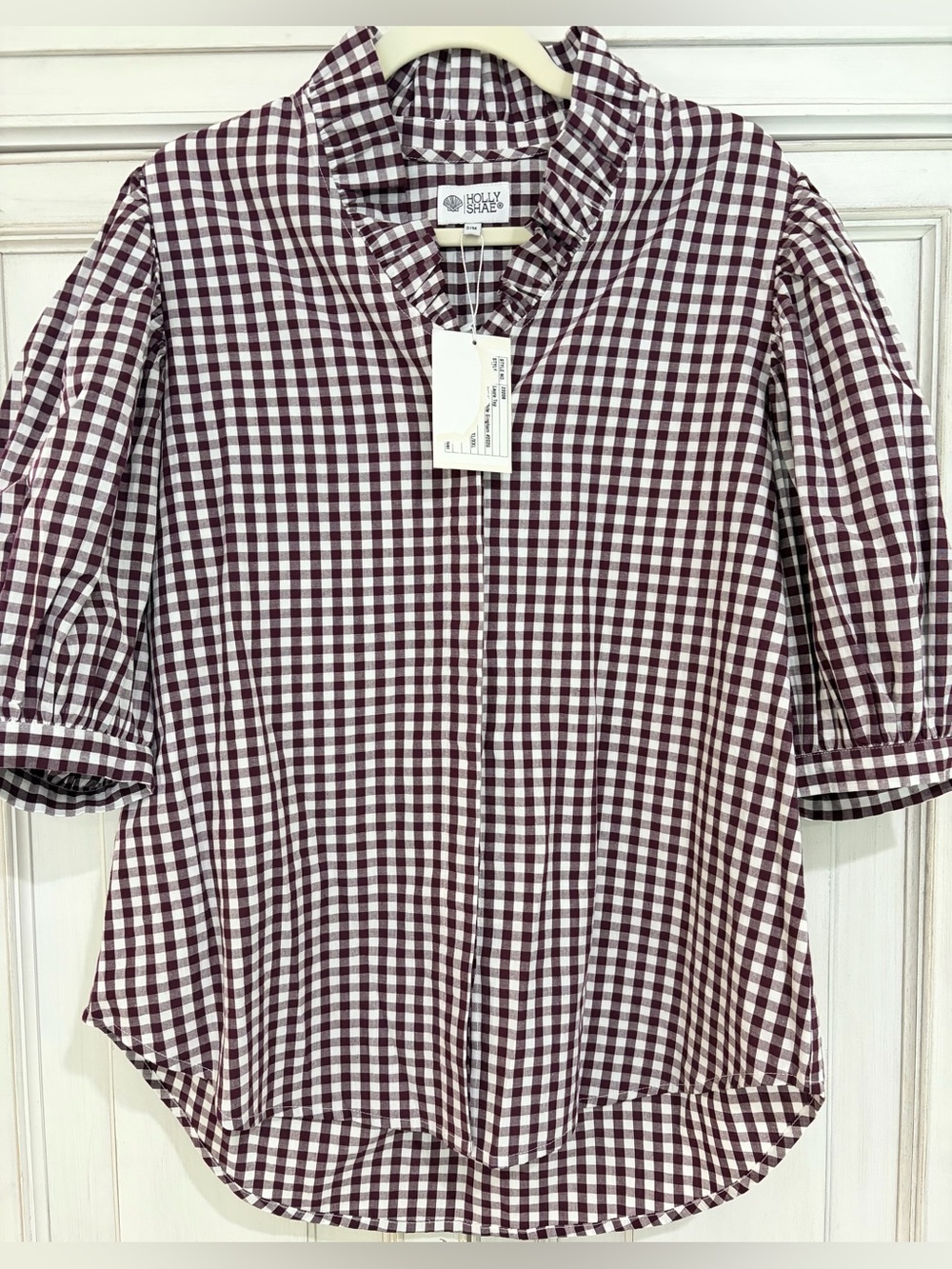 NWT SZ S/M Holly Shae Burgundy Gingham Button-Down Blouse with Ruffle Collar -